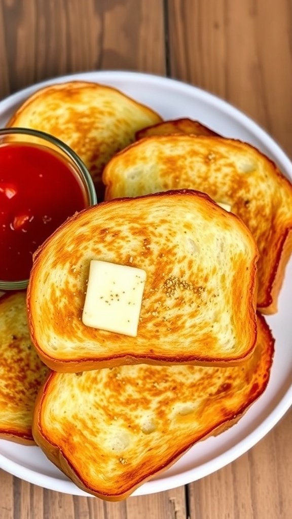 Bread Machine Texas Toast Recipe Thick slices of toasted Texas toast on a plate, brushed with butter and garnished with garlic powder.